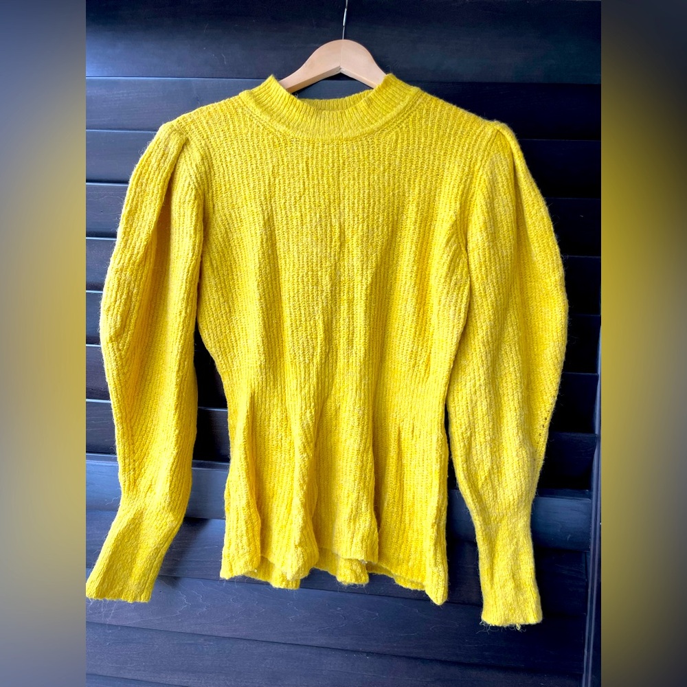 Love Tree Large Yellow Cozy Knit Sweater Puff Sleeves Mock Neck Peplum